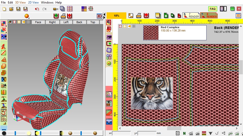 Schermata dell'uso della testurizzazione 2D e 3D di Wrapstyler su un sedile di automobile