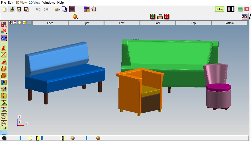 Schermata della preparazione di sagome di tappezzeria per vari tipi di mobili (panca, divano, poltrona, sedia)